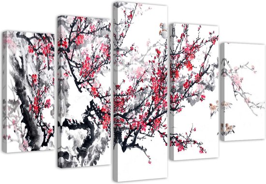Trend24 - Canvas Schilderij - Japanse Cherry Tree - Vijfluik - Landschappen - 100x70x2 cm - Roze