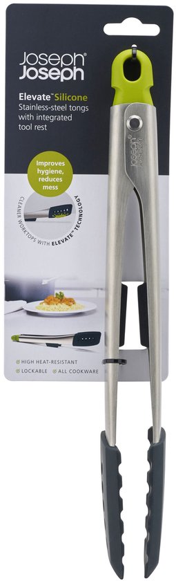 Emballage des pinces Joseph Joseph Elevate en acier inoxydable et silicone, en gris et vert.