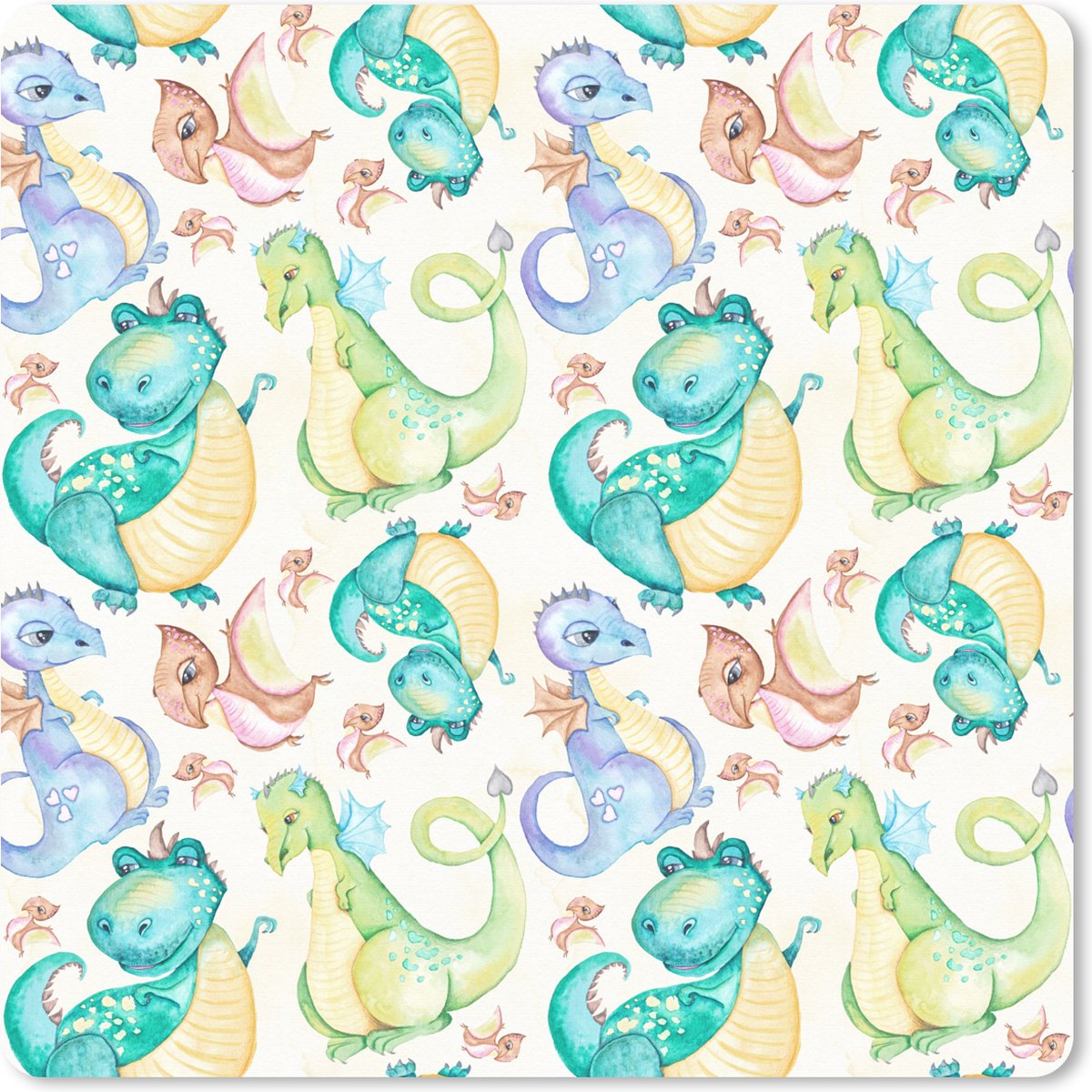 Muismat XXL 40x40 cm - Bureau onderlegger - Bureau mat Dinosaurus - Aquarel - Kinderkamer - Jongetjes - Meiden - Kinderen - Bureaumat - Gaming mousepad xl - Bureaulegger groot - Computer deskmat