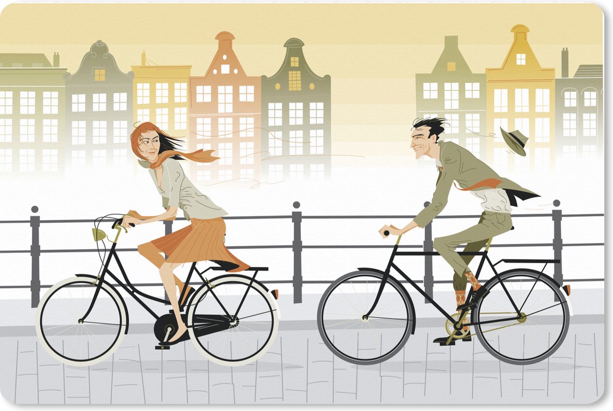 Muismat XXL 120x80 cm - Bureau onderlegger - Bureau mat Illustratie van fietsers in Nederland - Bureaumat - Gaming mousepad xl - Bureaulegger groot - Computer deskmat