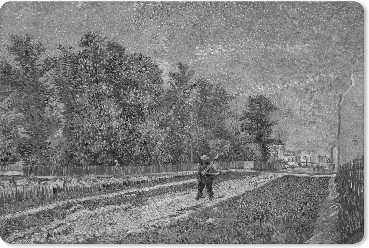 Muismat XXL 120x80 cm - Bureau onderlegger - Bureau mat Outskirts of Paris; Road with Peasant Shouldering a Spade - Vincent van Gogh - Zwart - Wit - Bureaumat - Gaming mousepad xl - Bureaulegger groot - Computer deskmat