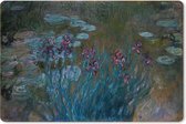 Muismat XXL - Bureau onderlegger - Bureau mat - Irissen en waterlelies - Schilderij van Claude Monet - 90x60 cm - XXL muismat