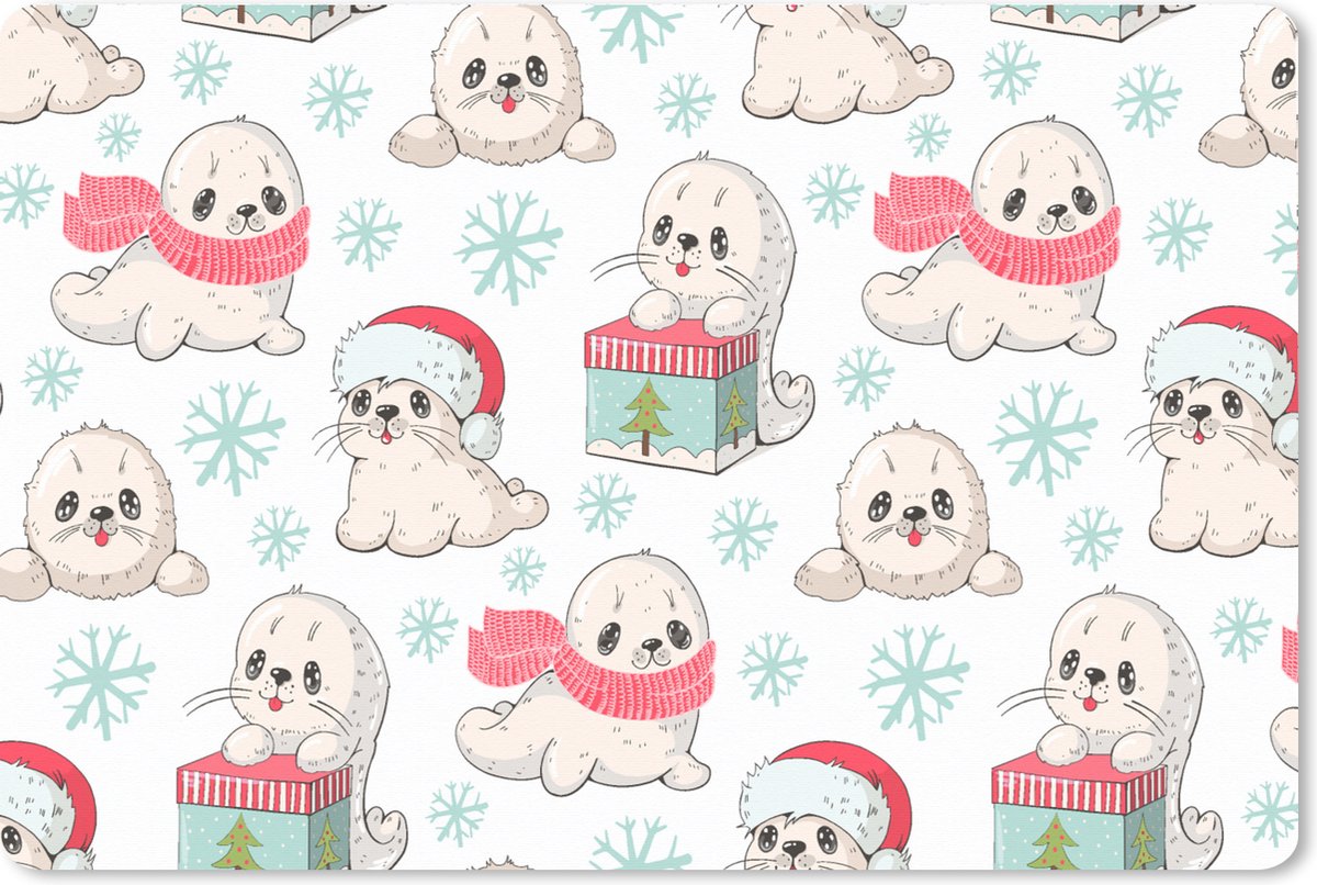 Muismat XXL 90x60 cm - Bureau onderlegger - Bureau mat Zeehonden - Kinderen - Kerst - Winter - Patroon - Bureaumat - Gaming mousepad xl - Bureaulegger groot - Computer deskmat