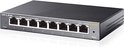 Zwarte TP-Link 8-poorts Gigabit Easy Smart Switch, schuin van voren bekeken.