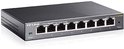Zwarte TP-Link 8-poorts Gigabit Easy Smart Switch, schuin van voren bekeken.