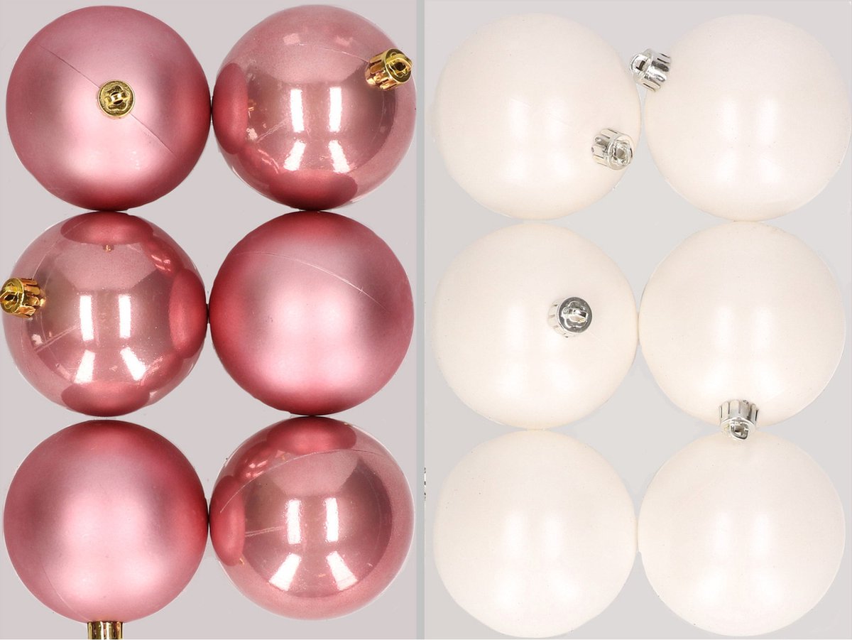 12x stuks kunststof kerstballen mix van oudroze en winter wit 8 cm - Kerstversiering