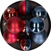 12x stuks kunststof kerstballen 8 cm mix van donkerrood en donkerblauw - Kerstversiering