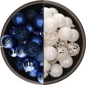 Bellatio Decorations Kerstballen mix - 74-delig - kobalt blauw en wit - 6 cm - kunststof