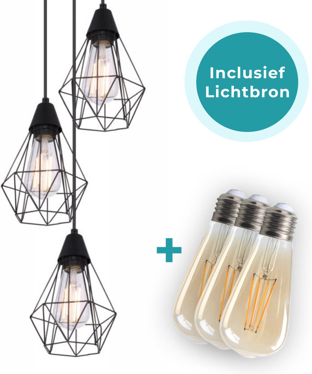 Lumefy Hanglamp Industrieel 3 Lichtpunten - Inclusief Lichtbronnen - Plafondlamp Metaal - Zwart