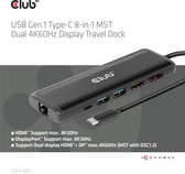 CLUB3D USB Gen 1 Type-C 8-in-1 MST Dual 4K60Hz Display Travel Dock, USB 3.2 Gen 1 (3.1 Gen 1) Type-C, 100 W, 10,100,1000 Mbit/s, Zwart, MicroSD (TransFlash), SD, 60 Hz