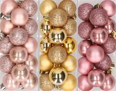 42x Stuks kunststof kerstballen mix goud/lichtroze/oud roze 3 cm - Kleine kerstballetjes - Kerstboomversiering