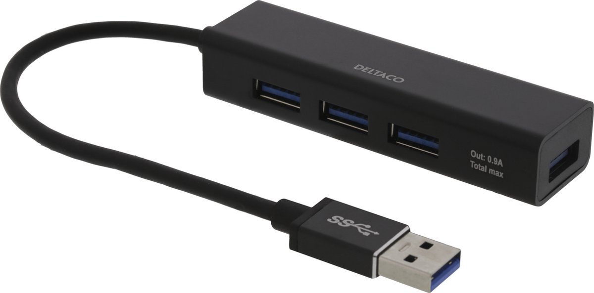 Deltaco USB 3.0 Hub, 4x USB-A, aluminium, mini Hub - Black