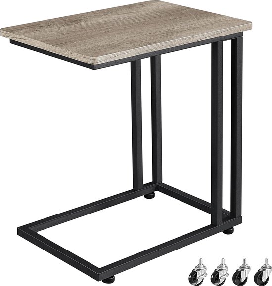 FURNIBELLA - Bijzettafel, C-vorm, mobiele koffietafel, banktafel op wielen, woonkamertafel, onder de bank, industrieel design, voor koffie en laptop, 50 x 35 x 59,5 cm, grijs