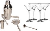 Cocktailshaker set RVS 5-delig inclusief 4x cocktail/martini glazen 250 ml - Zelf cocktails maken