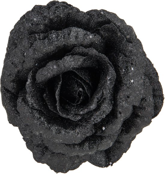 1x stuks decoratie bloemen roos zwart glitter op clip 15 cm - Decoratiebloemen/kerstboomversiering/kerstversiering