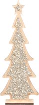 Kerstdecoratie houten kerstboom glitter zilver 35,5 cm - Vensterbank kerstdecoratie houten kerstbomen