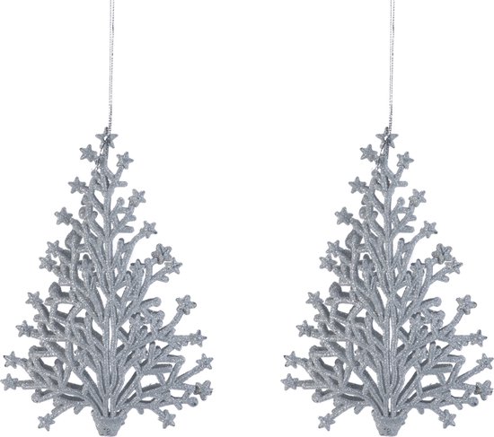 2x stuks kunststof kersthangers kerstboom zilver glitter 15 cm kerstornamenten - Kunststof ornamenten kerstversiering