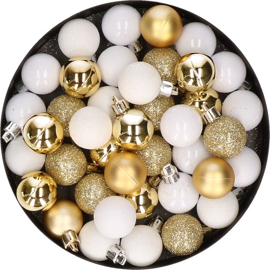 Kleine kunststof kerstversiering 40x stuks set en 3 cm kerstballen in het goud en wit - Voor kleine kerstbomen