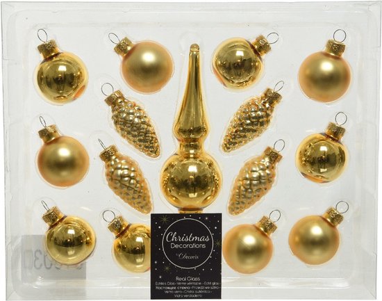 Decoris Mini kerstballen D3 cm - met piek - set 15-dlg - goud - glas - kerstversiering