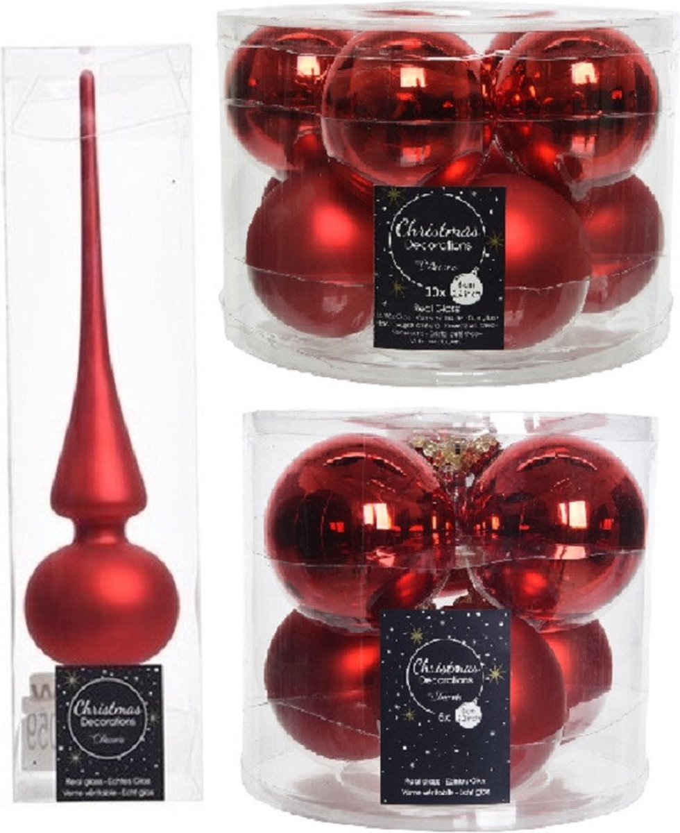 Compleet glazen kerstballen pakket kerstrood glans/mat 32x stuks met piek mat - 20x 6 cm - 12x 8 cm