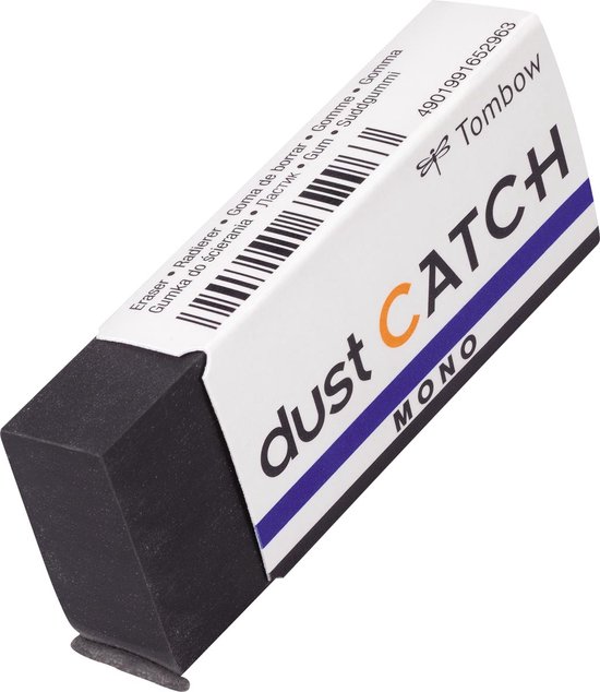Zwarte gum met wit etui met "dust CATCH MONO" tekst en blauwe streep.