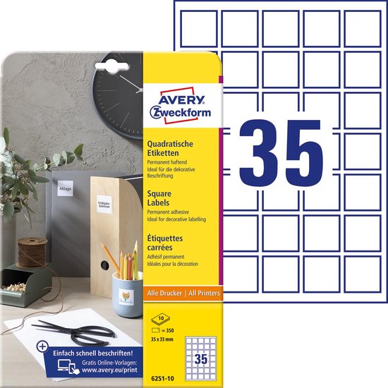 AVERY Zweckform 6251-10 vierkante etiketten (350 zelfklevende etiketten, 35 x 35 mm op A4, QR-code stickers om te bedrukken, zelfklevend, permanent hechtende QR-code labels) 10 vellen, wit