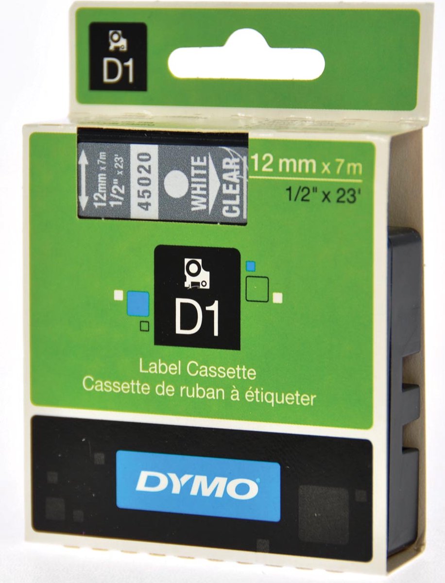 Labeltape Dymo 45020 D1 720600 12mmx7m wit op transparant - 1 stuk
