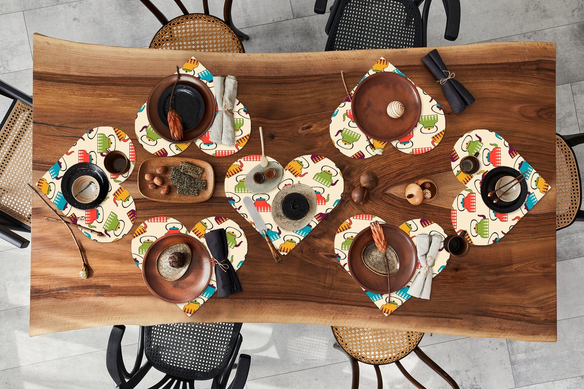 Onderleggers - Placemats - Placemats hartje - Design - Retro - Theepot - Kleuren - 8 stuks