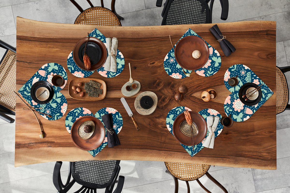 Onderleggers - Placemats - Placemats hartje - Bloemen - Patroon - Planten - 6 stuks
