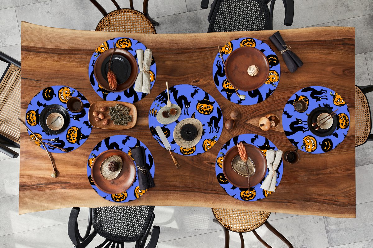 Ronde placemats - Onderlegger - Placemats rond - Halloween - Kat - Heks - 10 stuks