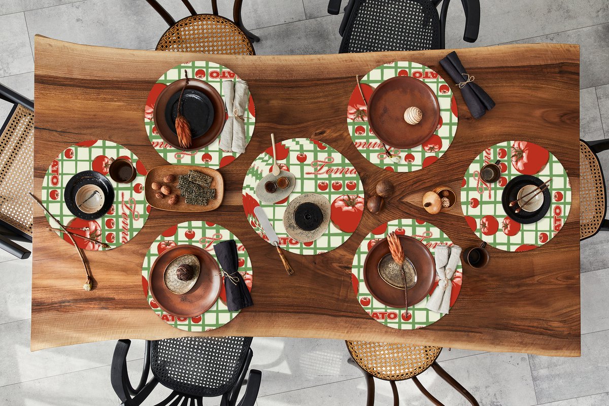 Ronde placemats - Onderlegger - Placemats rond - Tomaat - Patronen - Fruit - Vintage - 10 stuks