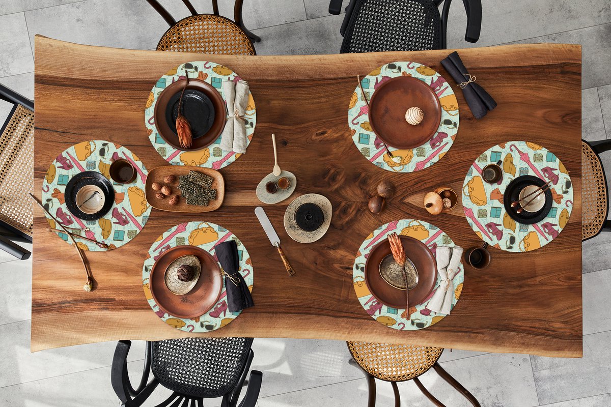 Ronde placemats - Onderlegger - Placemats rond - Kleren - Paraplu - Seizoenen - Design - 6 stuks