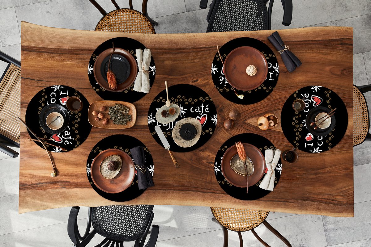 Ronde placemats - Onderlegger - Placemats rond - Koffie - Patronen - Love - 8 stuks
