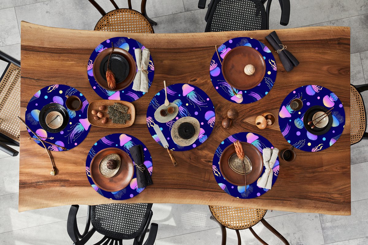 Ronde placemats - Onderlegger - Placemats rond - Kwallen - Neon - Patronen - Regenboog - 8 stuks
