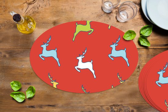 Napperons ovales - Sets de table - Sets de table ovales - Motif - Cerf - Rouge - 8 pièces