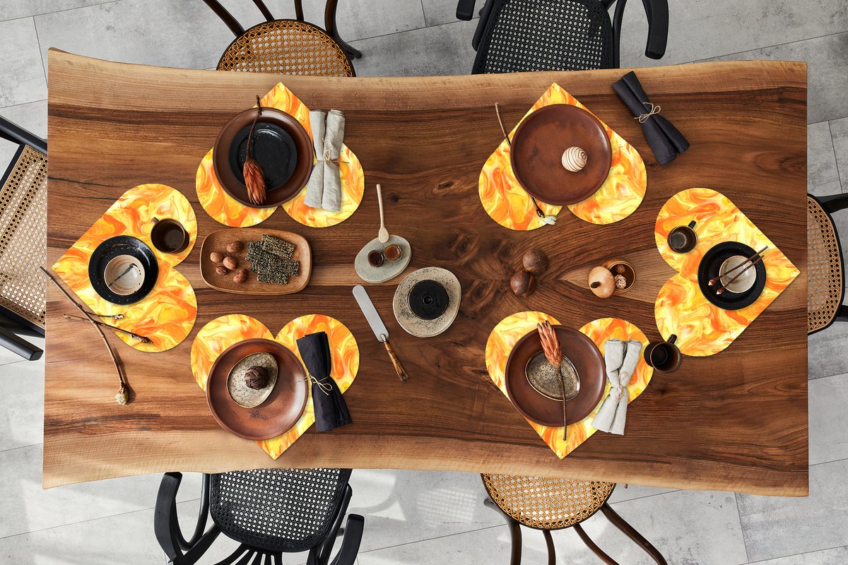 Onderleggers - Placemats - Placemats hartje - Marmer print - Oranje - Geel - Design - 6 stuks