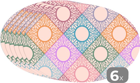 Placemats ovaal - Onderleggers - Ovale placemats - Zonnebloem - Ruit - Patronen - 6 stuks