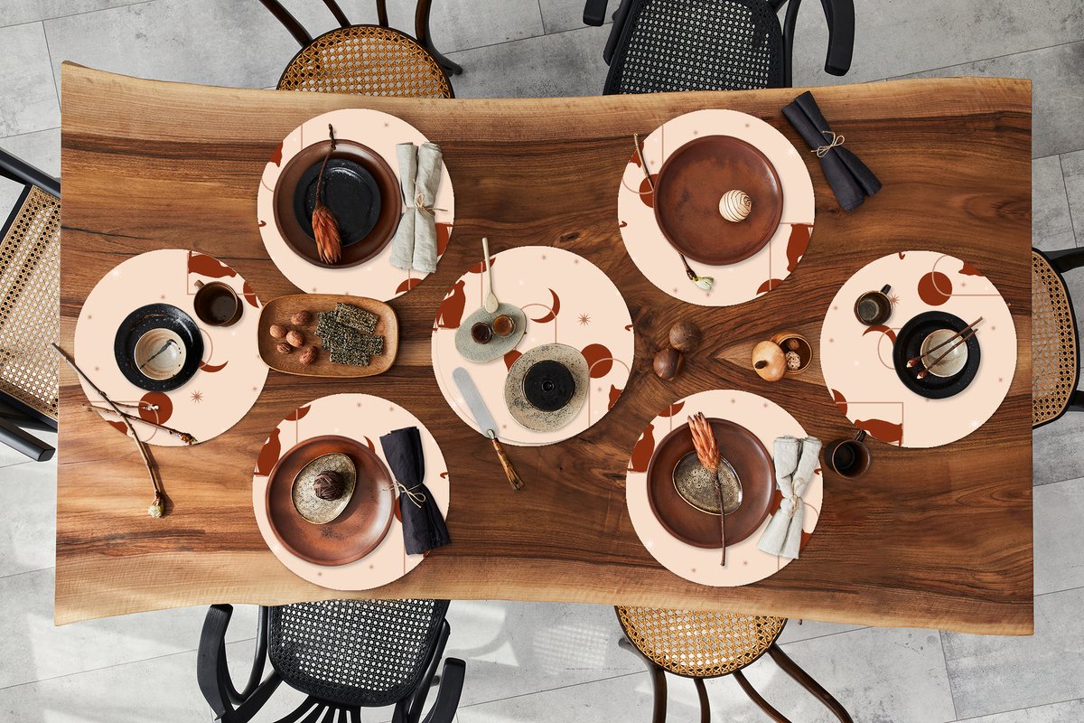 Ronde placemats - Onderlegger - Placemats rond - Kat - Sterren - Patronen - 8 stuks