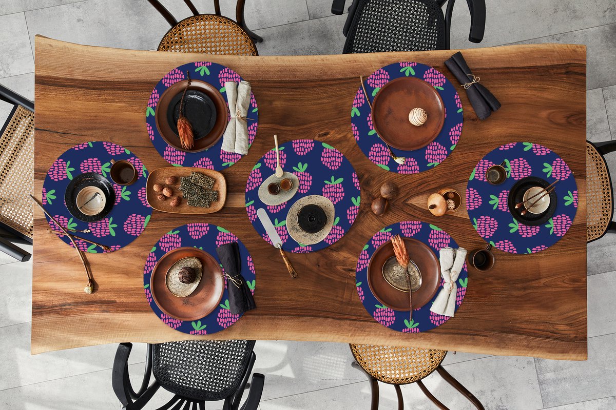 Ronde placemats - Onderlegger - Placemats rond - Patroon - Framboos - Retro - 8 stuks