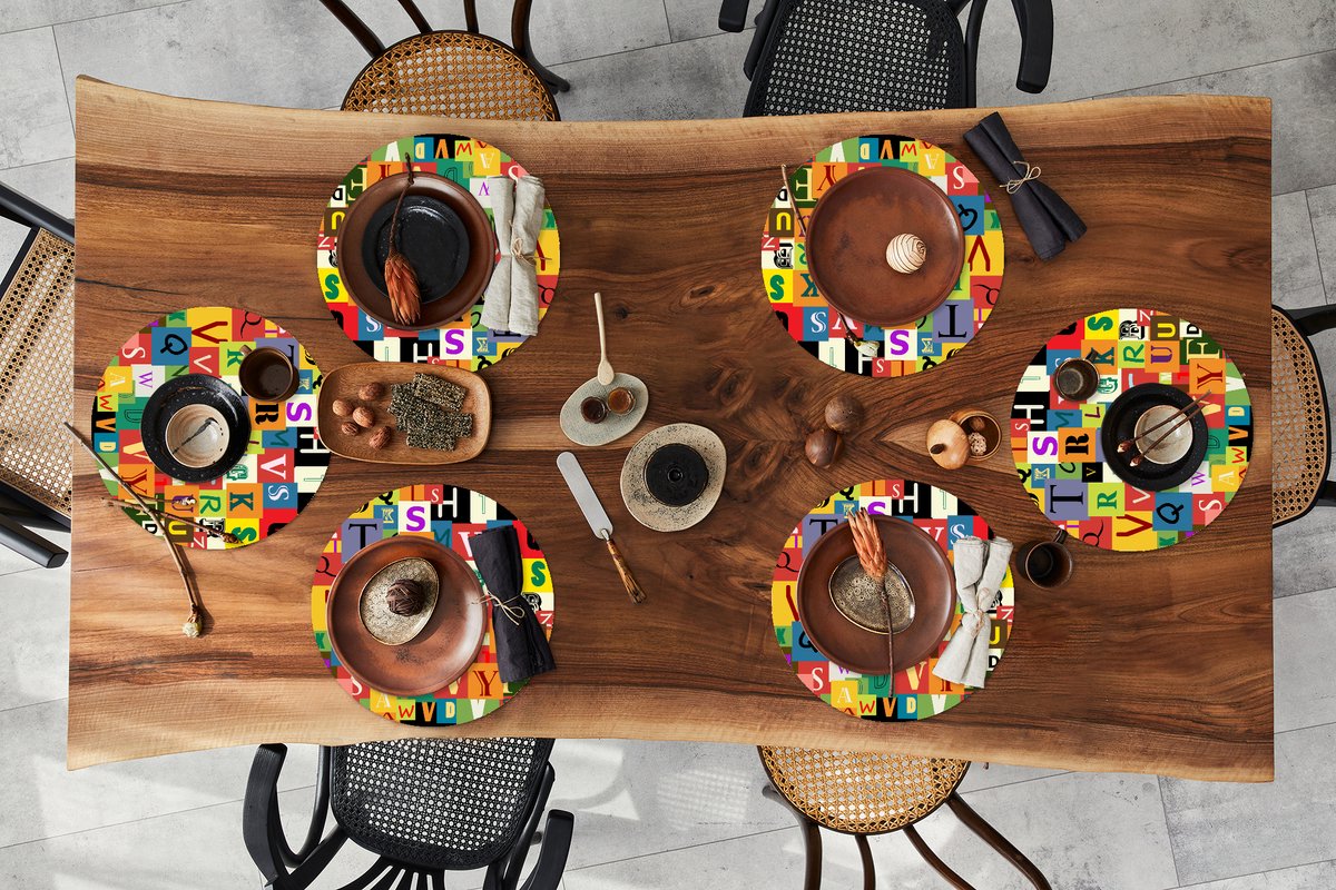 Ronde placemats - Onderlegger - Placemats rond - Alfabet - Letter - Patroon - 6 stuks