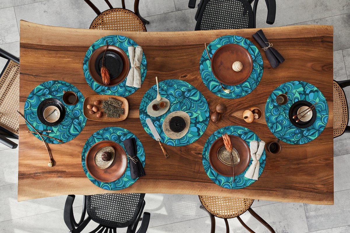 Ronde placemats - Onderlegger - Placemats rond - Design - Vintage - Blauw - Turquoise - 10 stuks