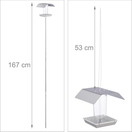 Vogelvoederbak: links, gehele voederbak op paal (167 cm). Rechts, voederbak hangend aan draad (53 cm).