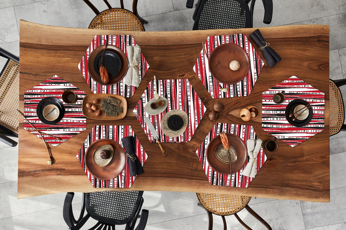 Placemats hexagon - Onderleggers placemats - Placemat zeshoek - Rood - Patronen - Boom - 8 stuks