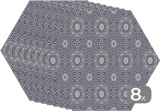 Napperons de table hexagon - Sets de table - Set de table hexagone - Mandala - Blauw - Motif - 8 pièces