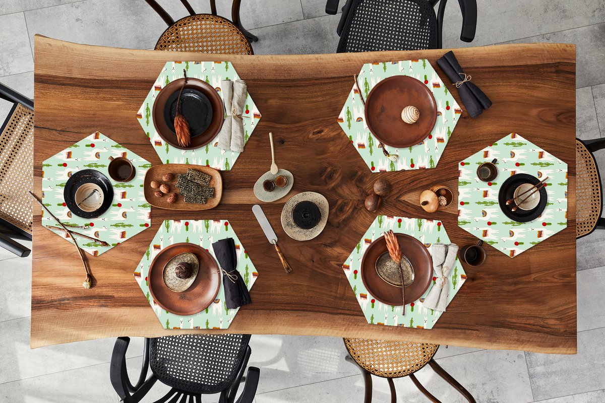 Placemats hexagon - Onderleggers placemats - Placemat zeshoek - Lama - Cactus - Patronen - 6 stuks