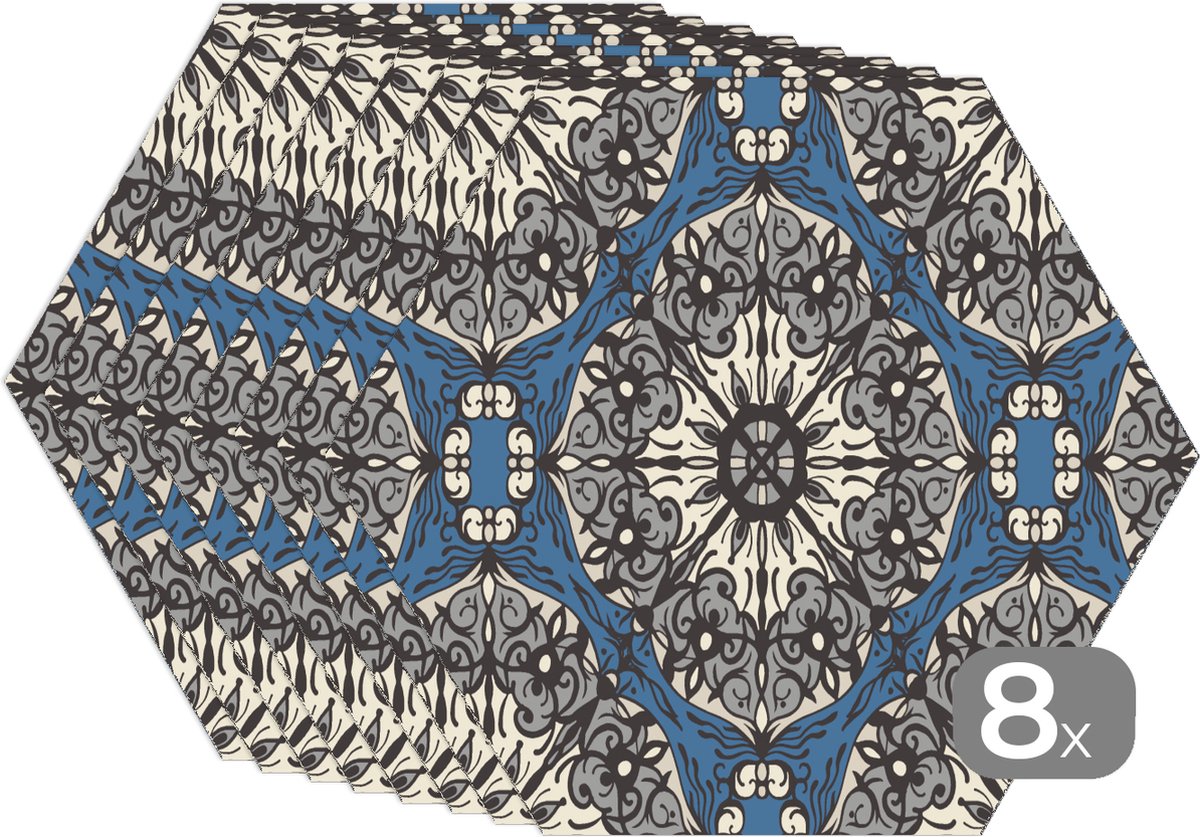 Placemats hexagon - Onderleggers placemats - Placemat zeshoek - Mandala - Patronen - Vintage - 8 stuks