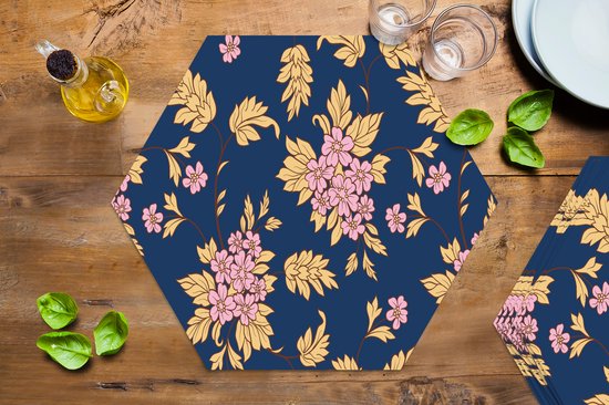 Napperons de table hexagon - Sets de table sets de table - Set de table hexagone - Fleur - Feuilles - Rose - Goud - Motifs - 8 pièces