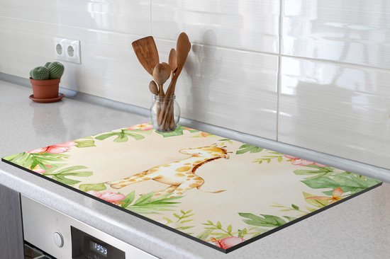 KitchenYeah® Inductie beschermer 80x52 cm - Giraffe - Aquarelverf - Bloemen - Jungle - Kookplaataccessoires - Afdekplaat voor kookplaat - Inductiebeschermer - Inductiemat - Inductieplaat mat