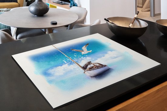 KitchenYeah® Inductie beschermer 78x52 cm - Boot - Water - Meeuw - Kookplaataccessoires - Afdekplaat voor kookplaat - Inductiebeschermer - Inductiemat - Inductieplaat mat