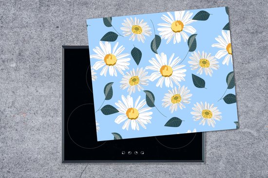 KitchenYeah® Inductie beschermer 59x52 cm - Madeliefjes - Blauw - Patroon - Kookplaataccessoires - Afdekplaat voor kookplaat - Inductiebeschermer - Inductiemat - Inductieplaat mat